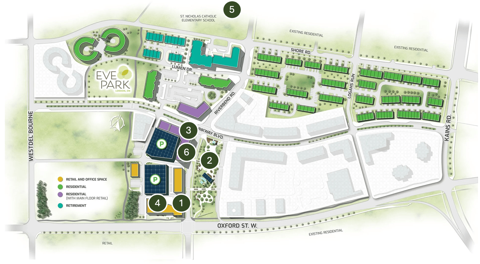 West 5 site plan showing EVE Park and six numbered destinations within walking distance